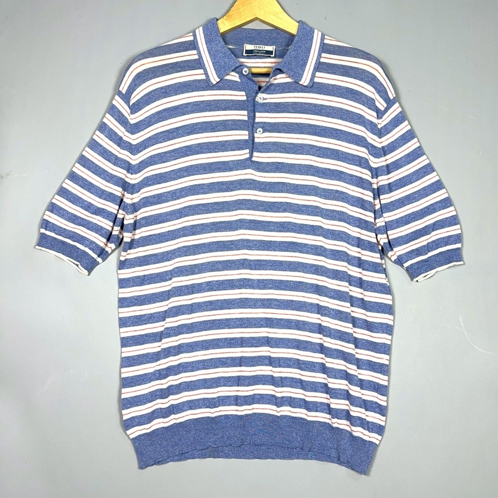Fedeli Trillion‎ Striped Knit Polo Shirt Mens Size XL Cotton Blue Preppy